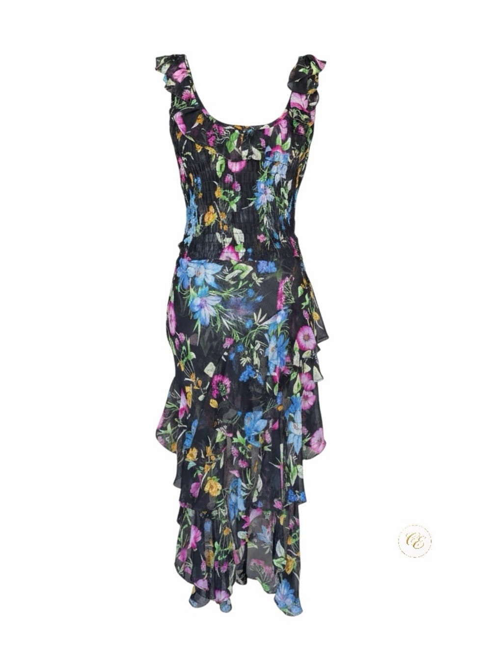 MISA Black Floral High-Low Ruffle Skirt | Silk Chiffon Tiered | Size S - Picture 5 of 8